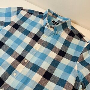 Club Room Blue Plaid Short Sleeve Button Down Men's XL Linen Shirt